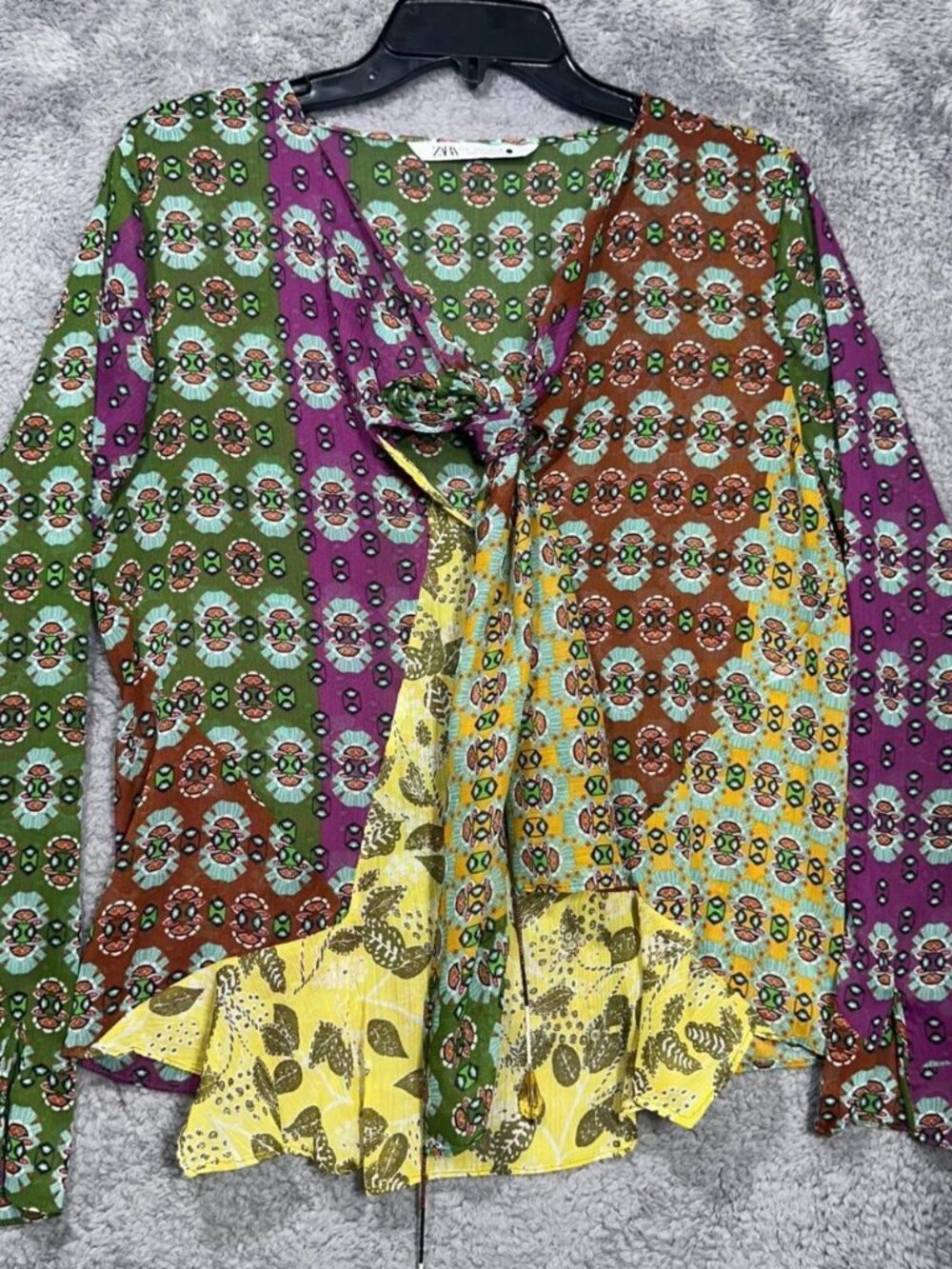 Zara Blouse Multicolor Patchwork Boho - Size L